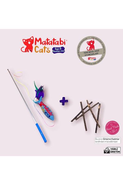 MATATABİ CATS Set of 5 Natural Matatabi Sticks and Cat Fishing Rod with Sound Plush Toy 50 Cm