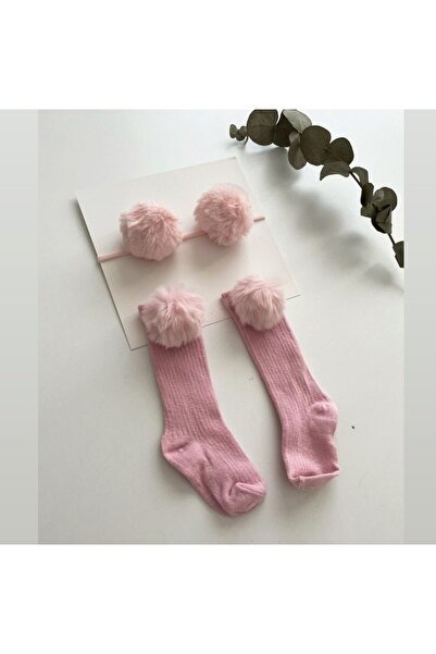 ÖZKARDEŞLER BABY Kız Bebek Ponponlu Çorap Bandana Set Pembe