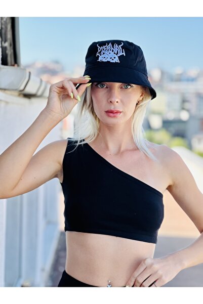 Siyah Gothic Nakışlı Kova Şapka Balıkçı Şapka Bucket Hat