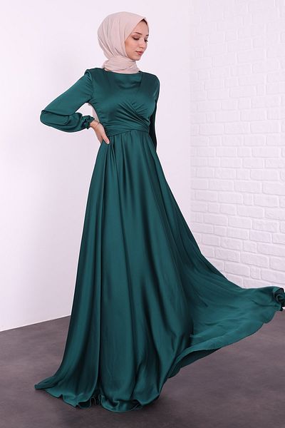 Lamia Giyim Cross Belted Hijab Evening Dress Emerald