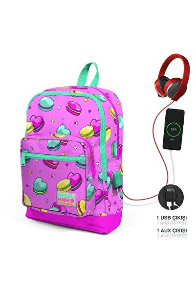 Coral High Kids Açık Pembe Makaron Desenli Usb Şarjlı Kulaklık Çıkışlı Okul S...