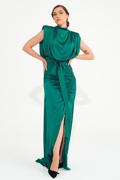 SpringStore Emerald Degaje Collar Shoulder Beaded Evening Dress