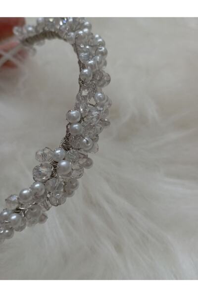 Sare Çocuk Giyim Handmade Solid Metal Crown from Transparent White Pearl Beads Bridesmaid and Bride Crown