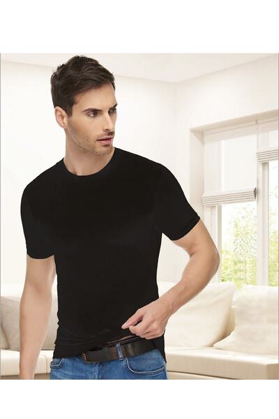 Tutku Elit Erkek Siyah Penye Elestan Sıfır Yaka Yarım Kollu Fanila