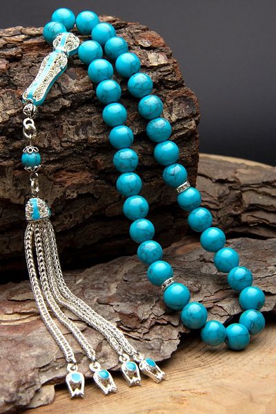 OTTOTESBİH Men's Gift Globe Cut Turquoise Turquoise Natural Stone Prayer Beads