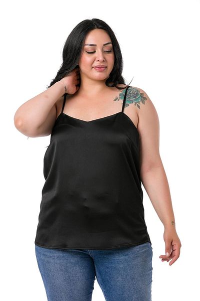 DISENTIS MODEST Plus Size Adjustable Thin Strap Satin Black Blouse