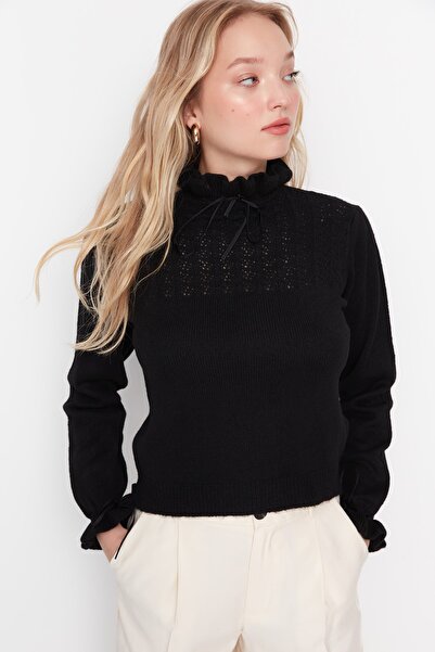 Trendyol Collection Pulover negru din tricotaje cu textura moale - ajurat, perforat și detaliu fundă TWOAW21KZ2355