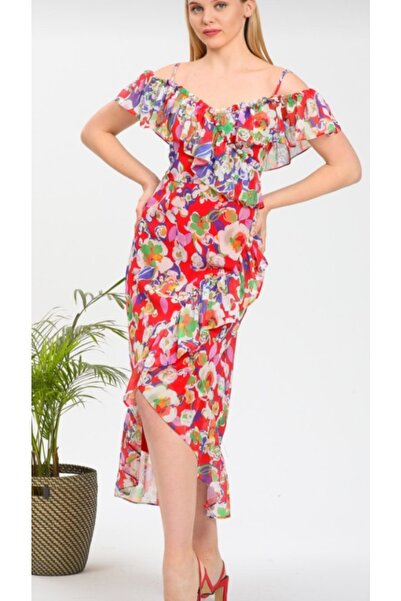 MACHEK Şifon Askılı Midi Boy Elbise