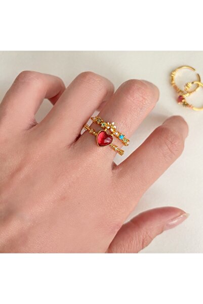 GessoJewellery Kadın Çift Sıralı Kalp Detaylı Ayarlanabilir Yüzük