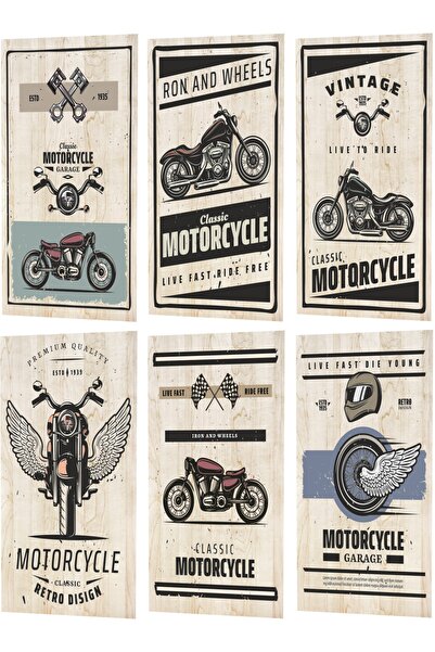 Hayat Poster Klasik Motor Ahşap Desenli 6lı Mini Retro Vintage Ahşap Poster S...