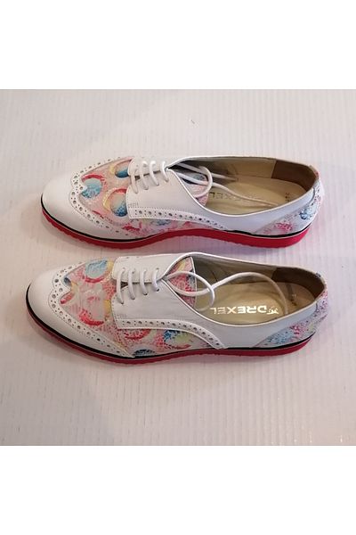 Drexel Women's Genuine Leather White Multicolor Print Combination Soft Lightweight Lace-up Shoes with Staple Hole