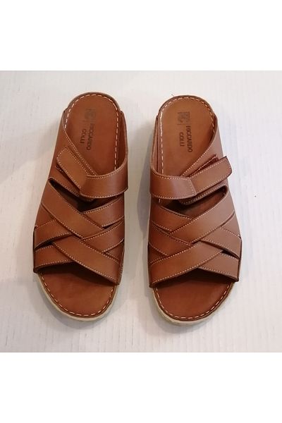 Riccardo Colli Women's Genuine Leather Tan Cross Double Band Ankle Velcro Soft Slippers