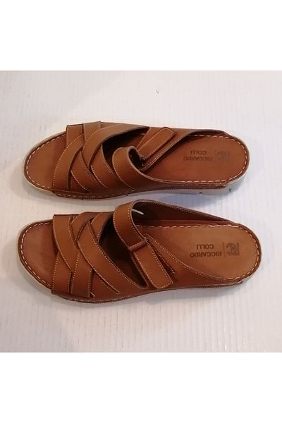 Riccardo Colli Women's Genuine Leather Tan Cross Double Band Ankle Velcro Soft Slippers