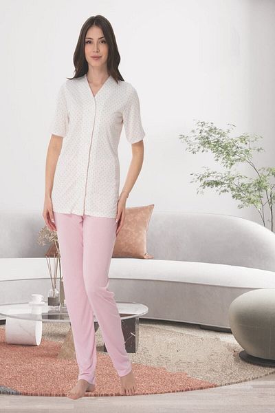 Lohussa Women's Powder Short Sleeve Plus Size Polka Dot Front Buttoned Pajamas Set