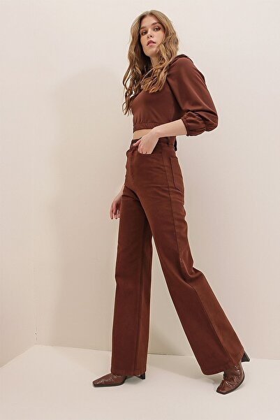 Trn JNS Ela Ikon Gold Loose Denim Trousers Brown Lycra Palazzo.