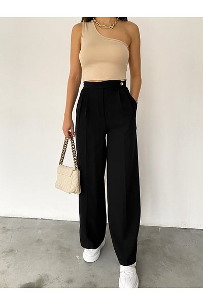 diaves Pantaloni negri cu pliuri din material țesut Palazzo