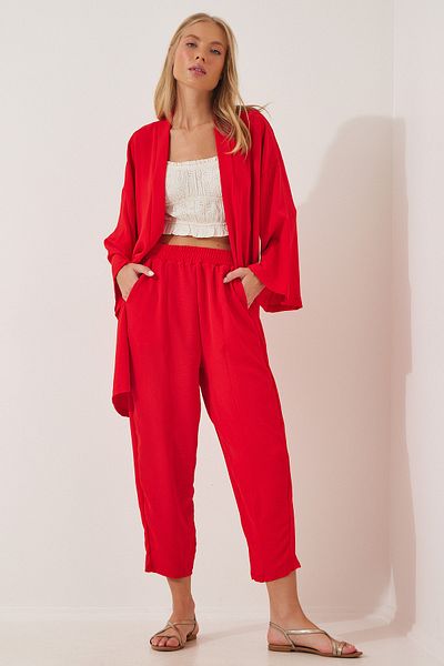 Happiness İstanbul Rotes Kimono-Hosen-Set für Damen DZ00046