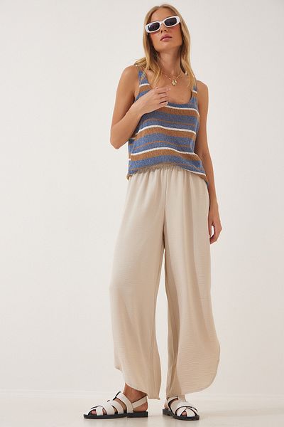 Happiness İstanbul Cremefarbene Ayrobin Shalwar-Hose mit seitlichem Schlitz für Damen DE00001
