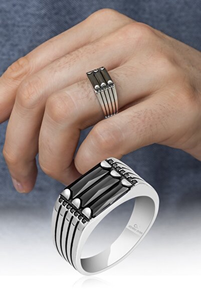 ALYANSEVİM 3 Sıra Baget Taşlı Siyah Taşlı 925 Gümüş Erkek