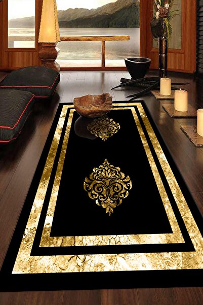 Bely Home Bely Dijital Baskılı Kaymaz Taban Yıkanabilir Gold Çerçeveli Varak ...