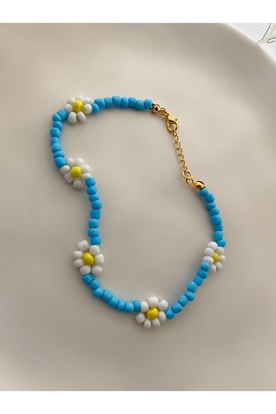 Lucky Designs Blue Bead White Daisy Anklet