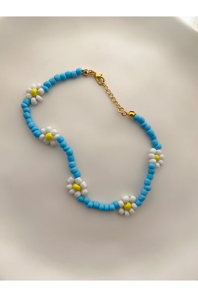 Lucky Designs Blue Bead White Daisy Anklet