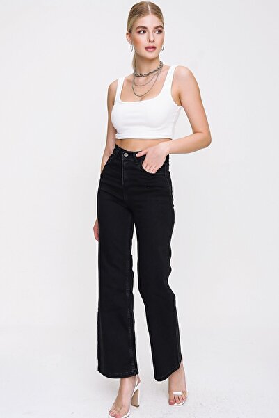 DRC trend Berlin Black Sa likrom Super Visok struk široke farmerke Palazzo pa...