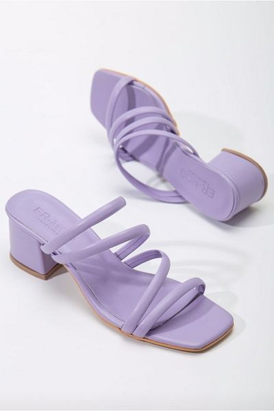 Afilli Women's Lilac Thick Short Heeled Open Front and Back Thin Single Strap Summer Daily Slippers Sandals