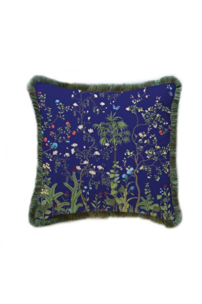 Adawall Lacivert Çiçek Detaylı Dekoratif Kırlent