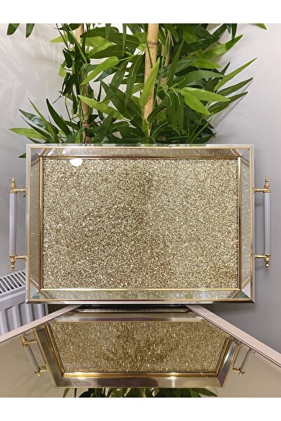 YENİLİK HOME صينية الشاي الذهبية اللامعة، صينية الشاي الفاخرة، صينية العرض