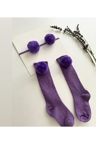 ÖZKARDEŞLER BABY Kız Bebek Ponponlu Çorap Bandana Set Lila