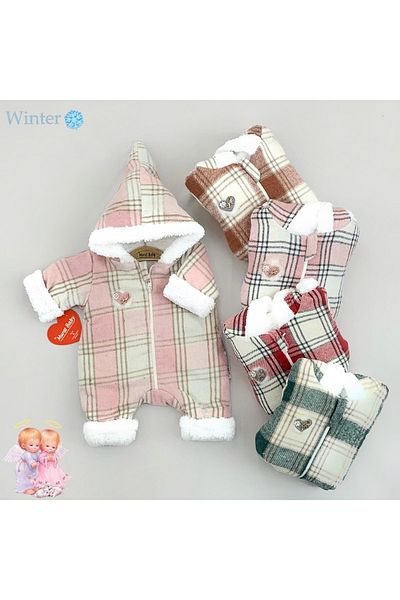 Murat Baby Heart Embroidered Plaid Welsoft Pink Jumpsuit