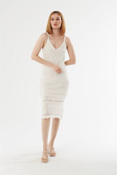 NARKO Embroidery White Lace Guipure Patterned Long Stylish Dress