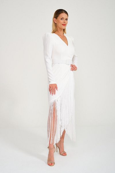 SpringStore Fusta ecru Rochie de seara cu maneca lunga cu franjuri