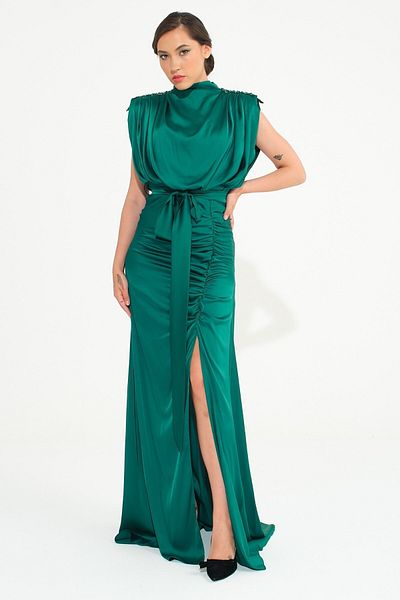SpringStore Emerald Degaje Collar Shoulder Beaded Evening Dress