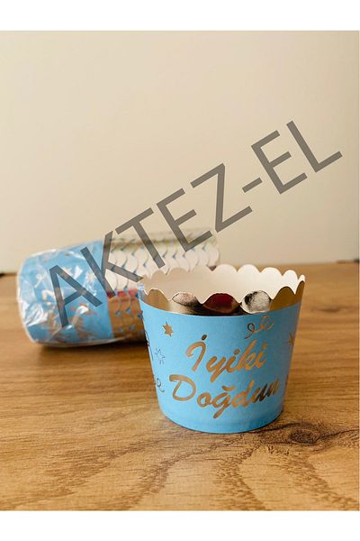 AKTEZ-EL Muffin Cupcake Cake Mold - Happy Birthday Themed - Shiny Blue Silver - 12 Pieces