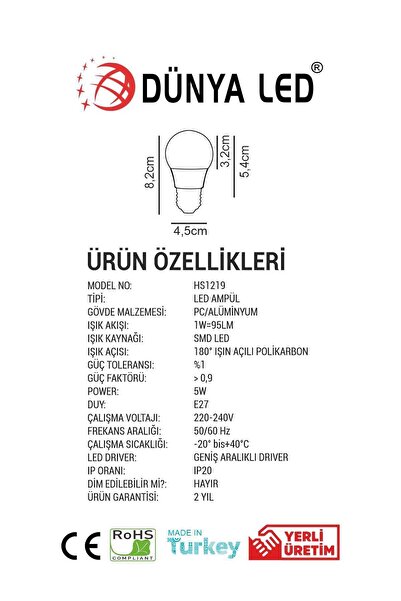 DÜNYA LED Hs.1219/1 5w E-27 Led Armut Ampul 6500k Beyaz Işık Yüksek Lümen Kolay Kullanım Fiyat Performansı