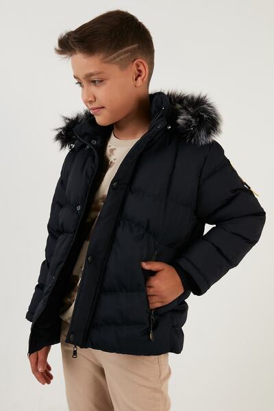 Lela Zippered Faux Fur Plush Lined Removable Hooded Coat Boys' Coat 5760026