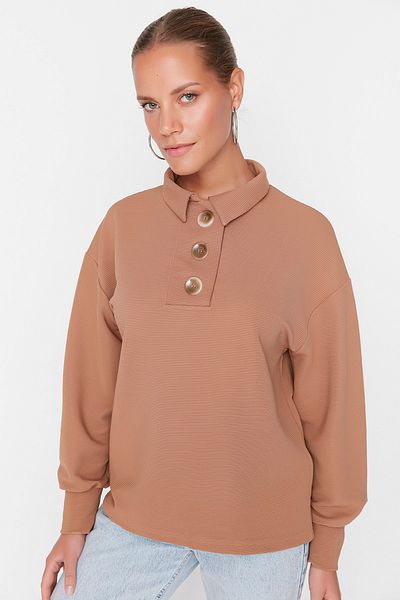 Trendyol Collection Λεπτομερές φαρδύ πλεκτό φούτερ με κουμπί καμήλας TWOAW23SW00134