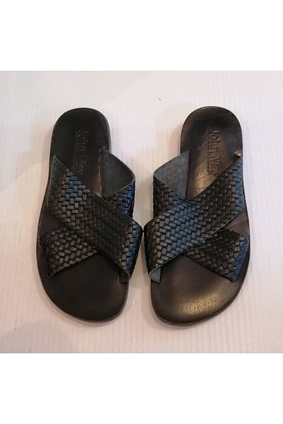 John May Unisex Genuine Leather Black Hair Braid Print Cross Banded Genuine Leather Sole Slippers