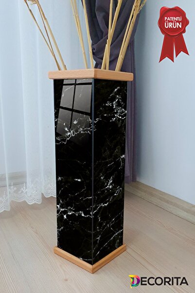 Decorita Vazo | Siyah Mermer | Cam Kuru Bitki Saksısı