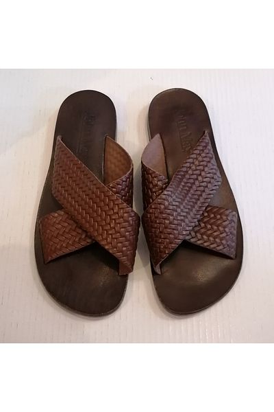 John May Unisex Genuine Leather Brown Hair Braid Print Cross Banded Genuine Leather Sole Slippers