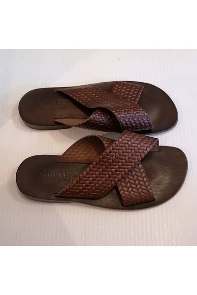 John May Unisex Genuine Leather Brown Hair Braid Print Cross Banded Genuine Leather Sole Slippers