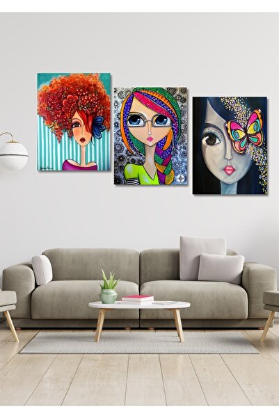 NT Handmade 3 Parça Ahşap Renkli Çizgi Kızlar Duvar Dekoru Salon Oturma Yatak...