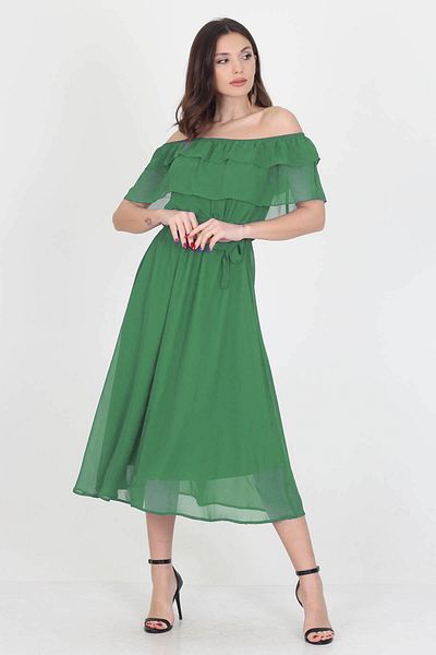 Neşeli Butik Γυναικείο πράσινο φόρεμα με λεπτομέρεια γιακά Madonna New Season Chiffon Nb8060