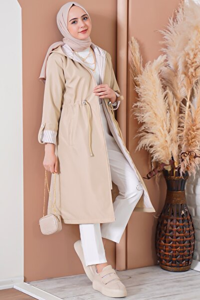 Genel Markalar Kadın Bileği Çizgili Kapüşonlu Bej Trençkot