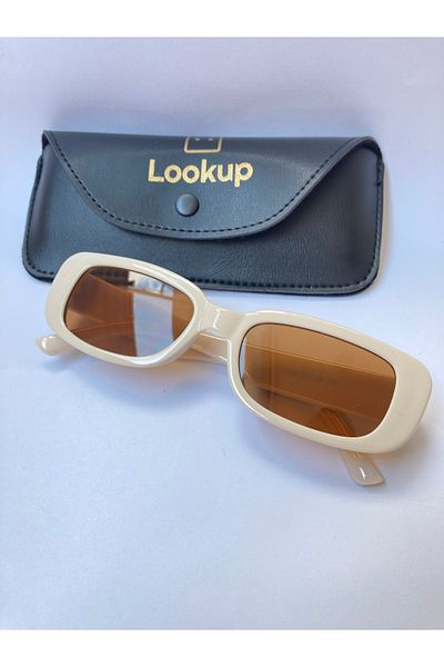 LOOKUP Unisex Off White Frame Brown Glass Square Rectangle Vintage Retro Sunglasses