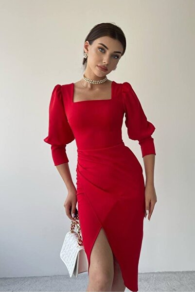 lovebox Červená pružná krepová tkanina Přední a zadní čtvercový výstřih Detail rozparku Loket Rukáv Večerní šaty 128