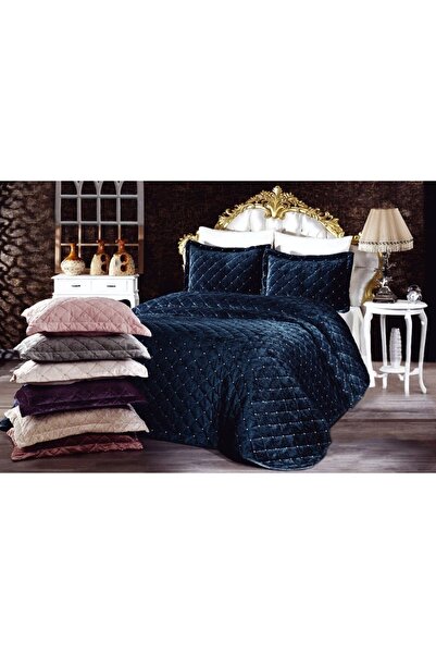 Firuze 3 Parça Jakar Desenli Kadife Çift Kişilik Yatak Örtüsü Takımı Mia Gülkurusu