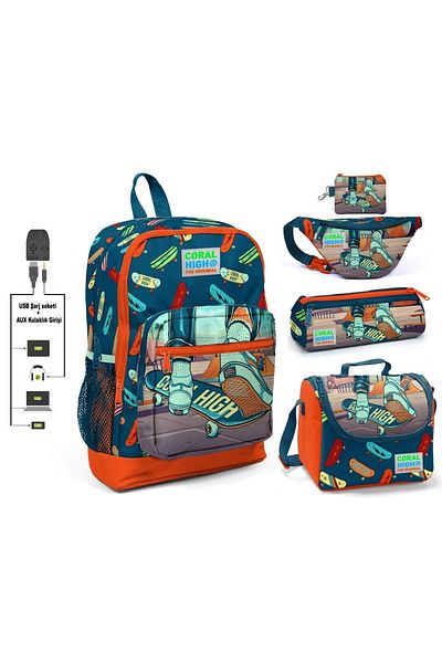 Coral High Geantă pentru școală primară din 5 piese pentru băiat - imprimată cu skateboard, priză USB